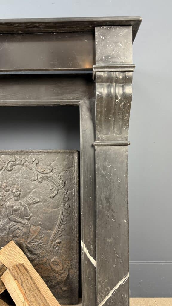 Antique Front Fireplace in Black Marble with White Veining