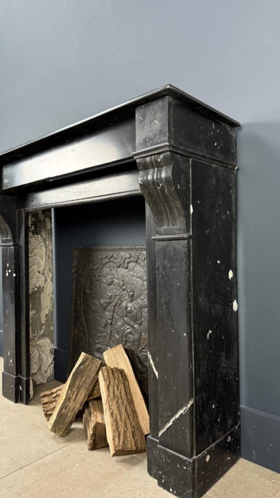 Antique Front Fireplace in Black Marble with White Veining