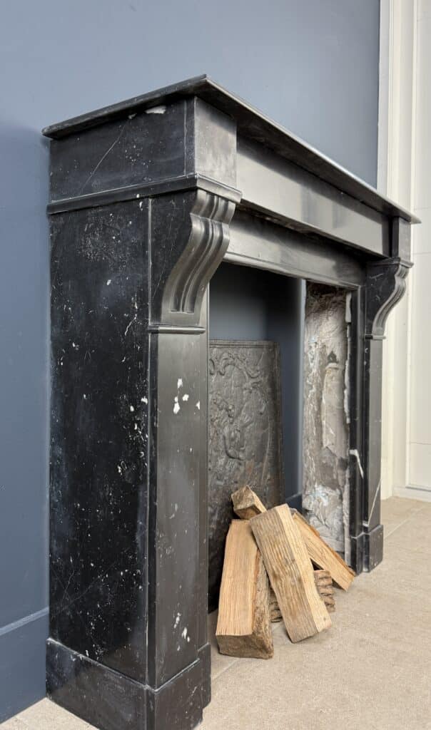 Antique Front Fireplace in Black Marble with White Veining