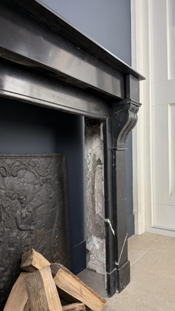 Antique Front Fireplace in Black Marble with White Veining