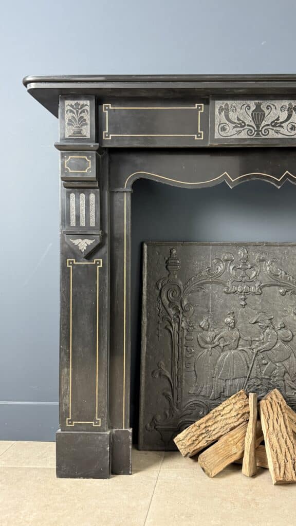 Richly Worked Black Marble Etched Front Fireplace