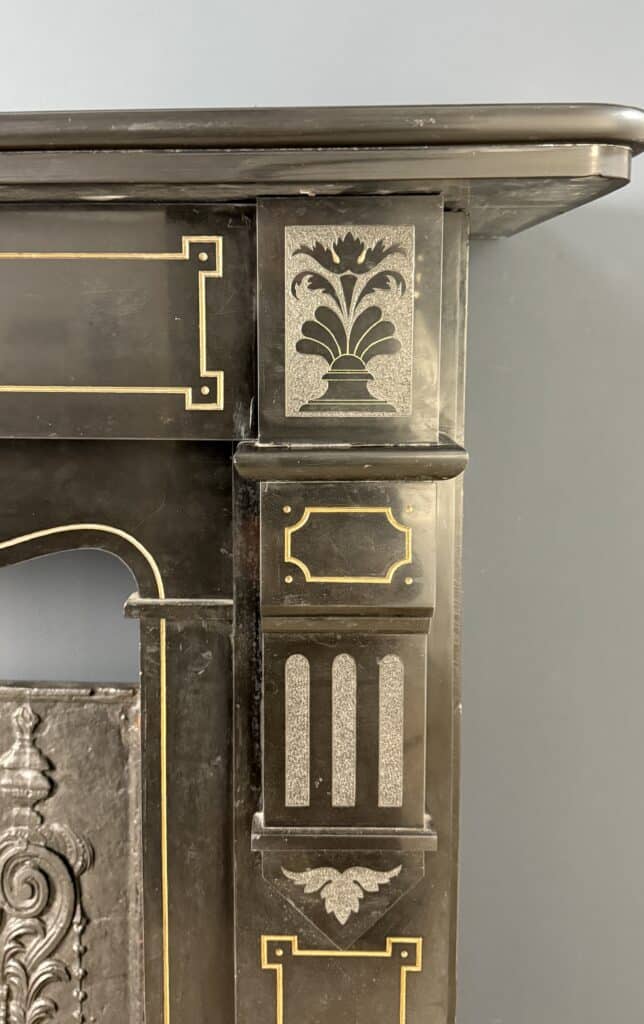 Richly Worked Black Marble Etched Front Fireplace