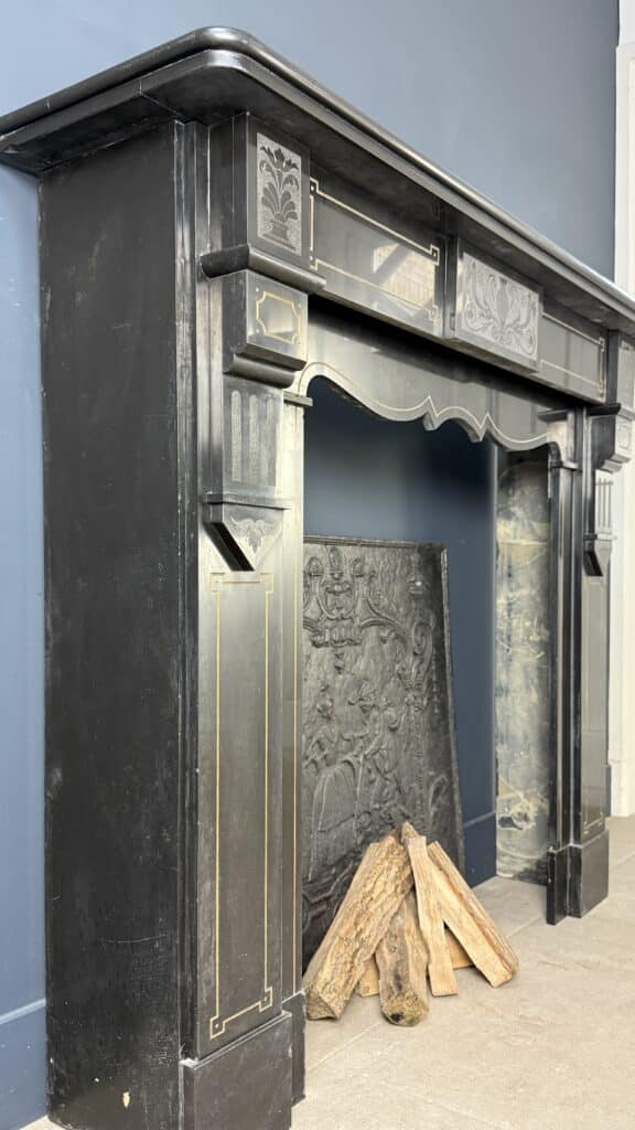 Richly Worked Black Marble Etched Front Fireplace