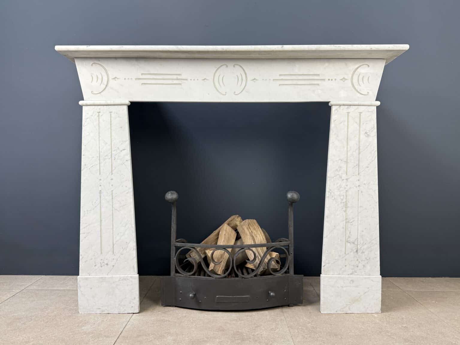 Distinctive Art Deco White Etched Circular Fireplace