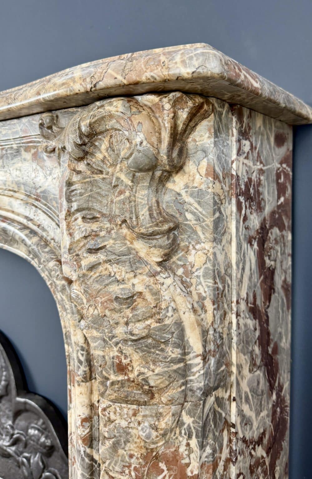 Magnificent Belgian Antique Marble Fireplace – Unique Colour Palette — detail 2