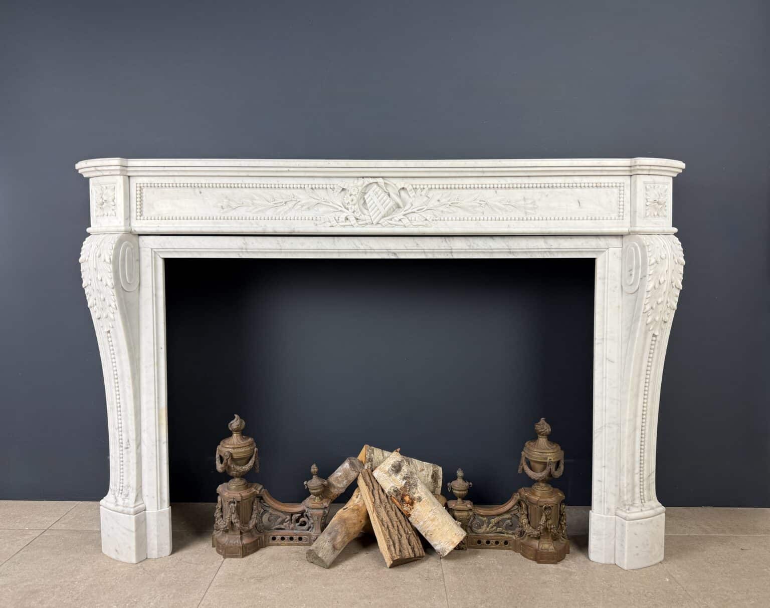Luxurious French Louis XVI Front Fireplace in Carrara Marble with Rich Ornament