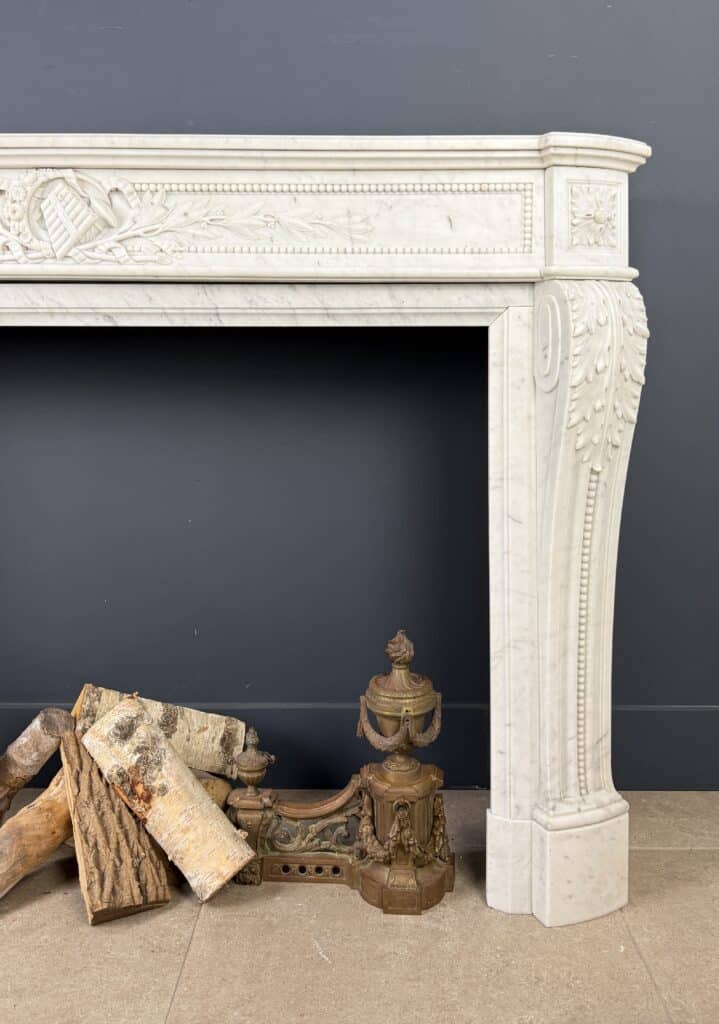 Luxurious French Louis XVI Front Fireplace in Carrara Marble with Rich Ornament