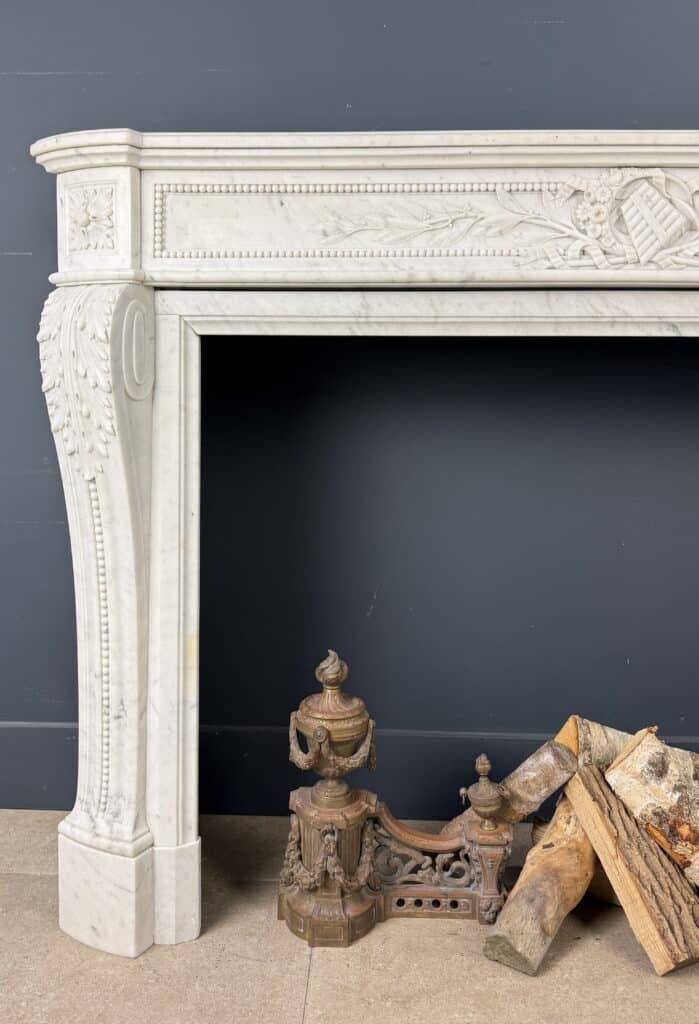 Luxurious French Louis XVI Front Fireplace in Carrara Marble with Rich Ornament