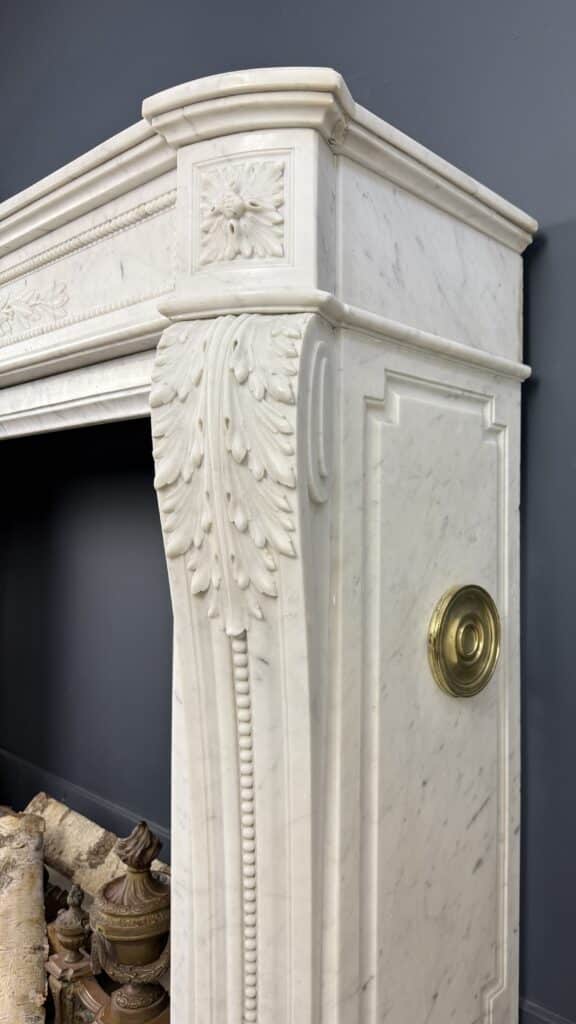 Luxurious French Louis XVI Front Fireplace in Carrara Marble with Rich Ornament