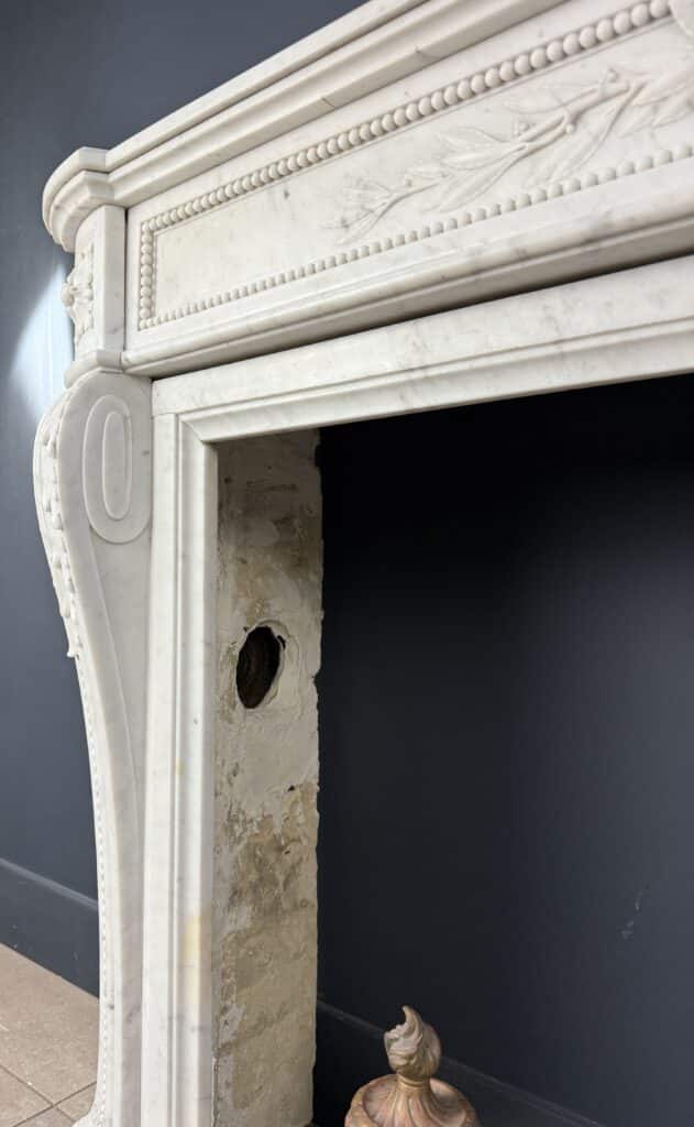 Luxurious French Louis XVI Front Fireplace in Carrara Marble with Rich Ornament