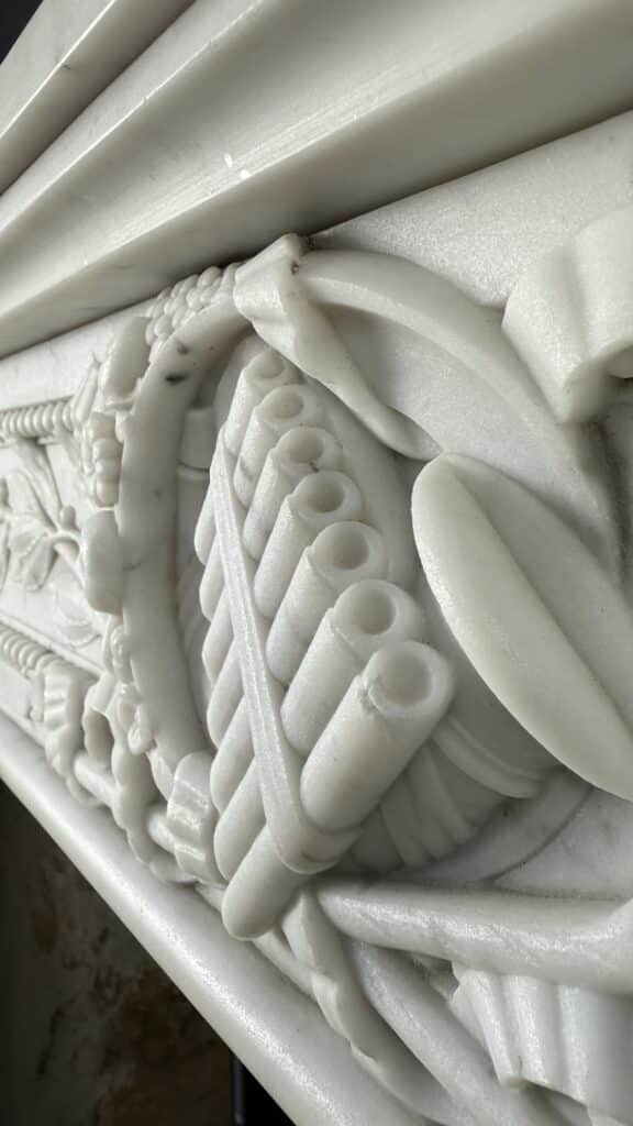 Luxurious French Louis XVI Front Fireplace in Carrara Marble with Rich Ornament