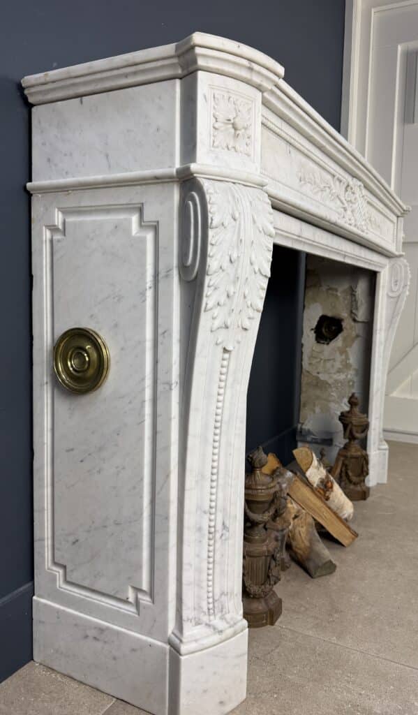 Luxurious French Louis XVI Front Fireplace in Carrara Marble with Rich Ornament
