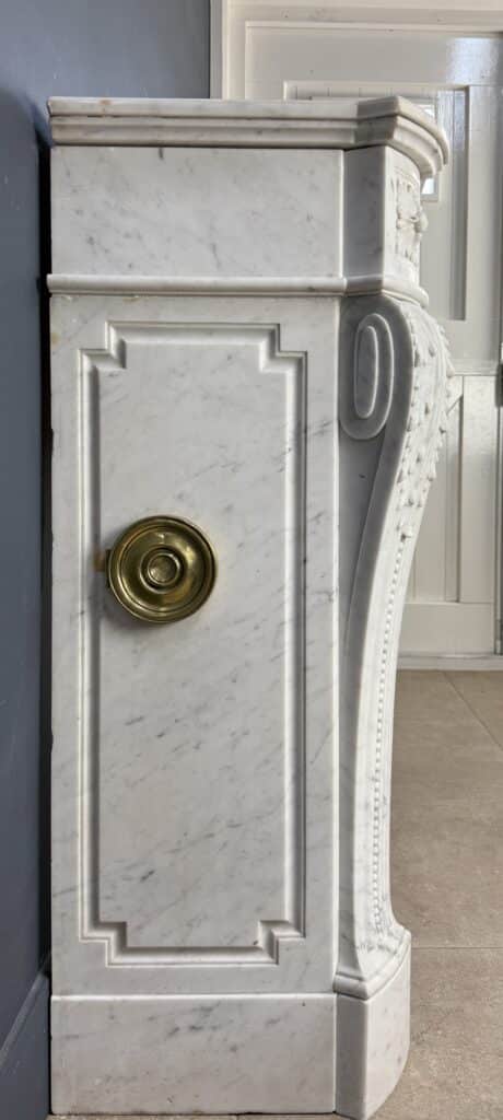 Luxurious French Louis XVI Front Fireplace in Carrara Marble with Rich Ornament