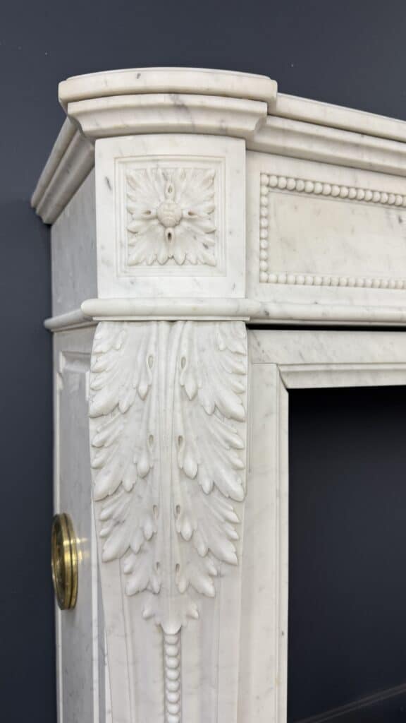Luxurious French Louis XVI Front Fireplace in Carrara Marble with Rich Ornament