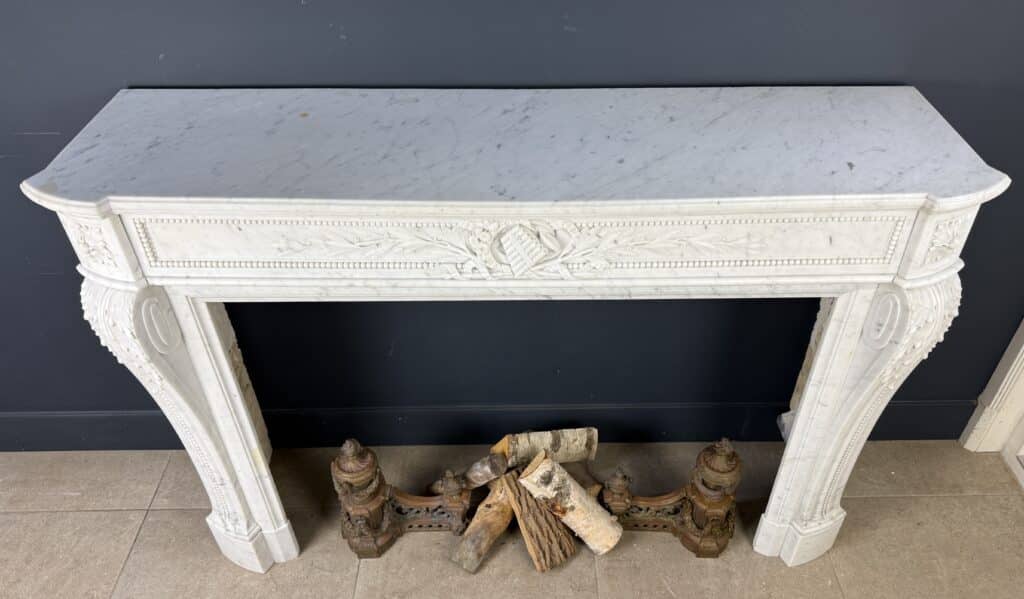 Luxurious French Louis XVI Front Fireplace in Carrara Marble with Rich Ornament