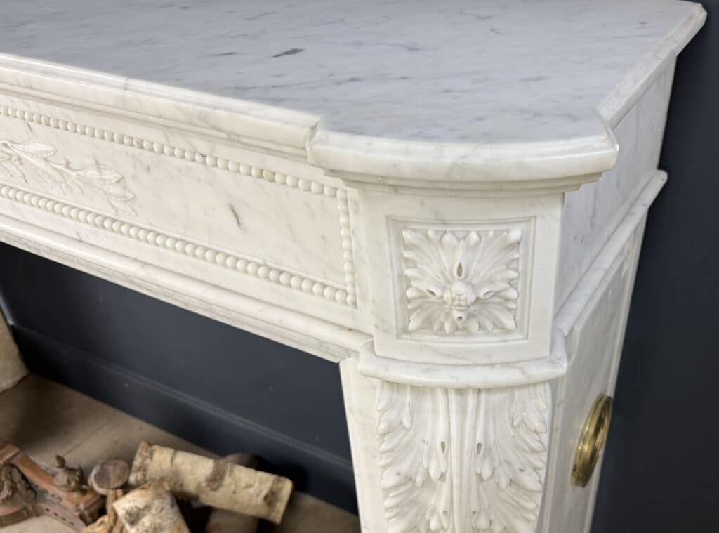 Luxurious French Louis XVI Front Fireplace in Carrara Marble with Rich Ornament