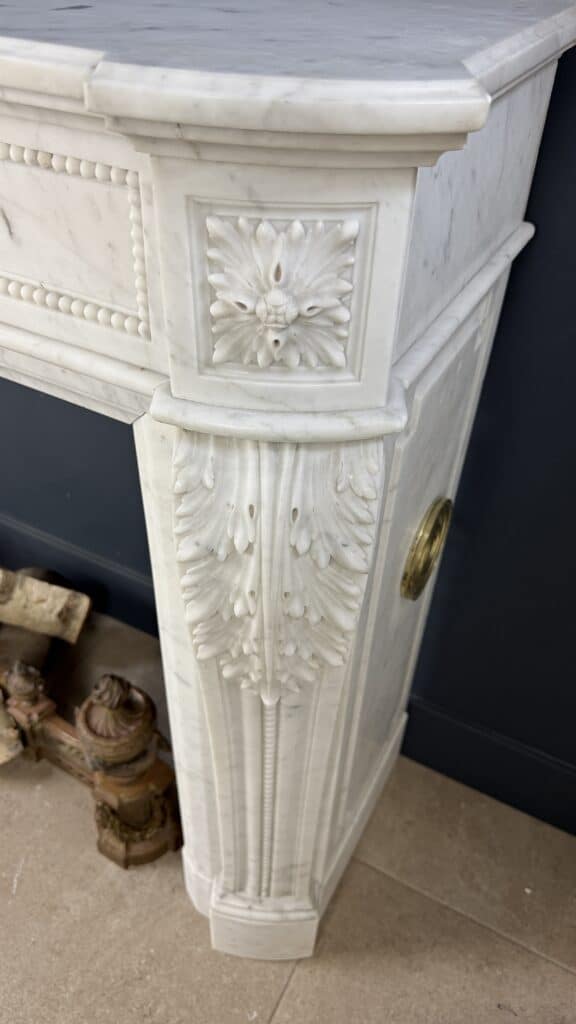 Luxurious French Louis XVI Front Fireplace in Carrara Marble with Rich Ornament