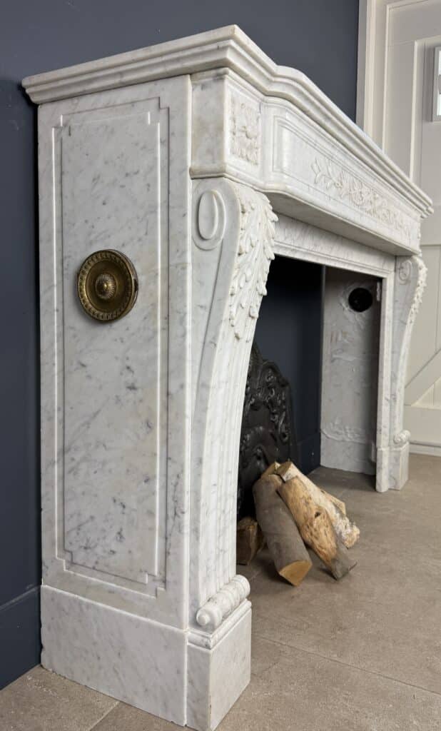 Antique Louis XVI Front Fireplace in Carrara Marble with Quiver Motif
