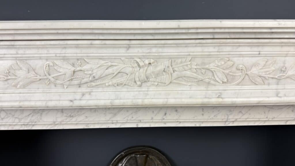 Antique Louis XVI Front Fireplace in Carrara Marble with Quiver Motif
