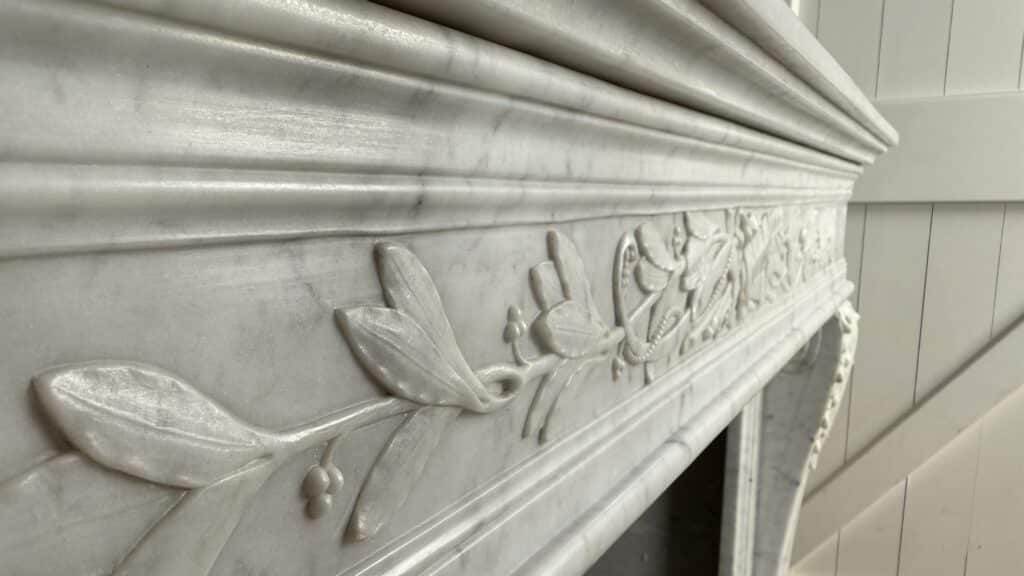 Antique Louis XVI Front Fireplace in Carrara Marble with Quiver Motif