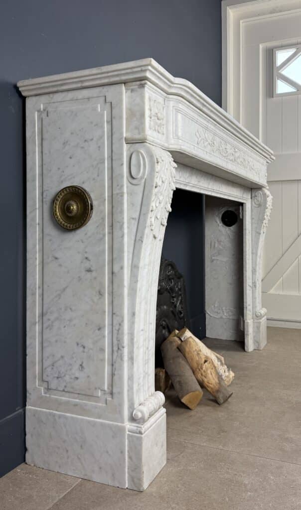Antique Louis XVI Front Fireplace in Carrara Marble with Quiver Motif