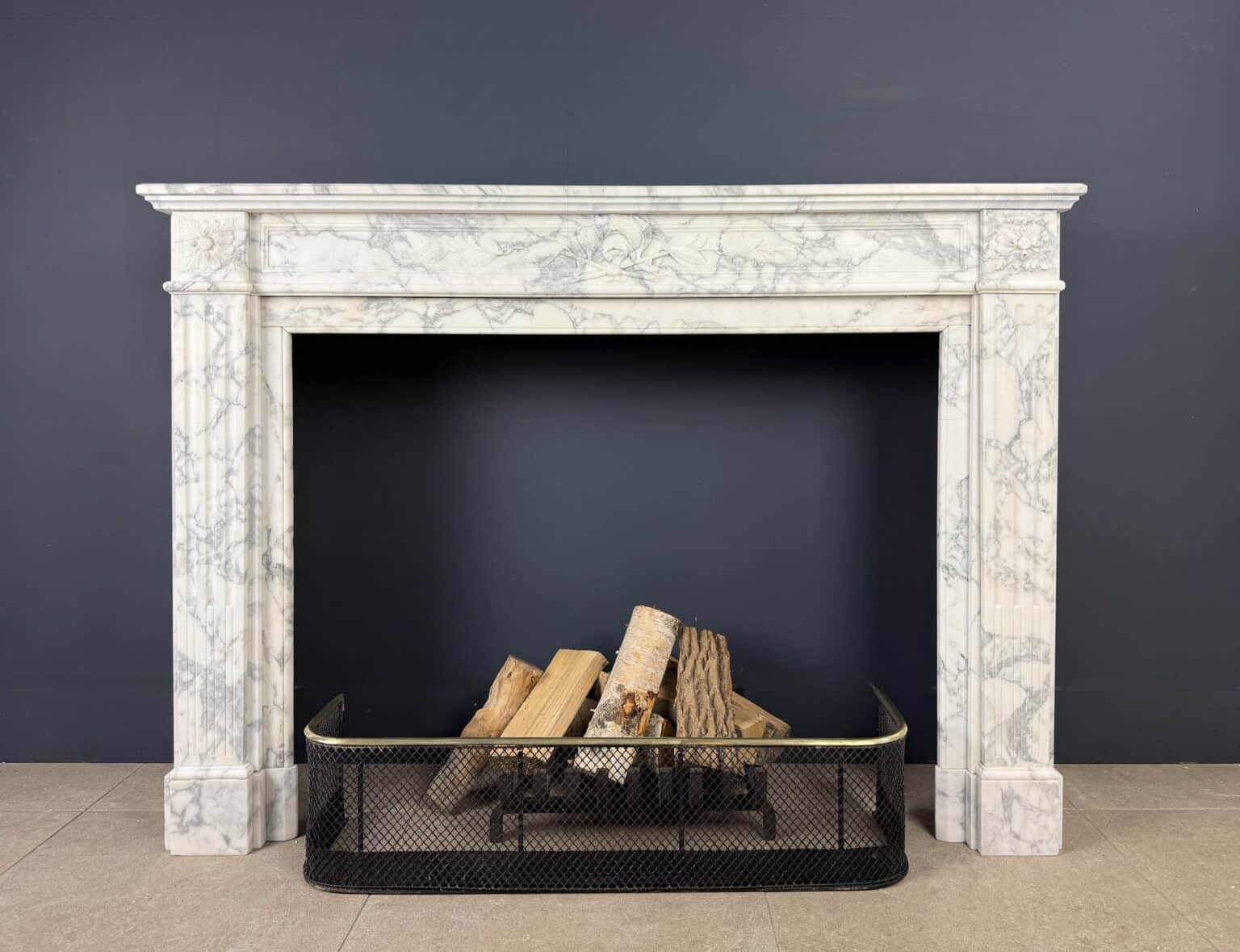 Front Fireplace in Arabescato Marble with Floral Motif, Ornament and Carved Detailing