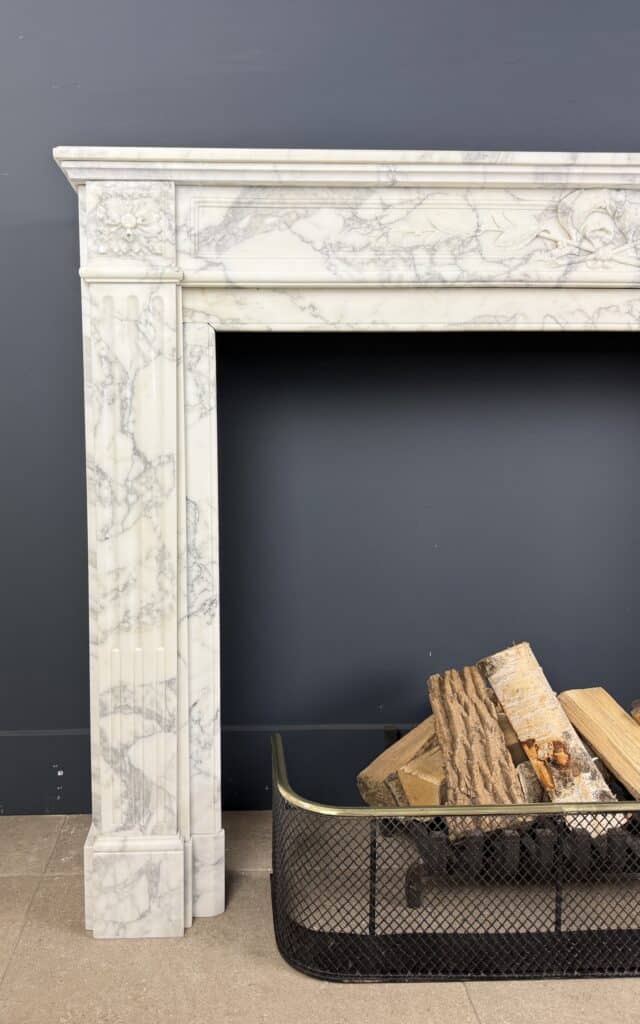 Front Fireplace in Arabescato Marble with Floral Motif, Ornament and Carved Detailing