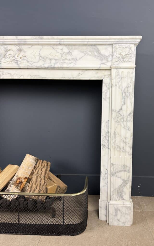 Front Fireplace in Arabescato Marble with Floral Motif, Ornament and Carved Detailing