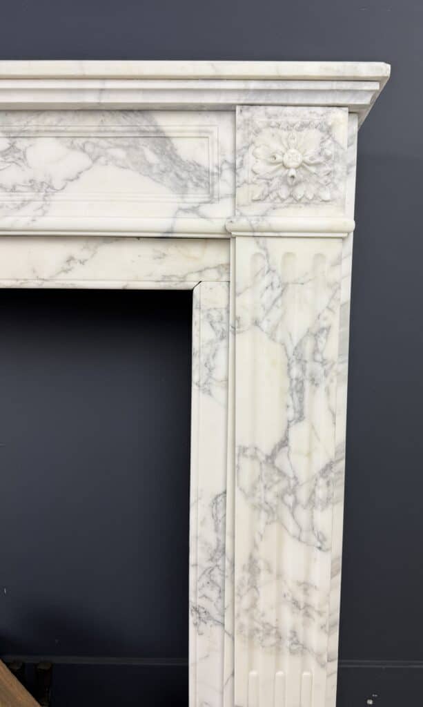 Front Fireplace in Arabescato Marble with Floral Motif, Ornament and Carved Detailing