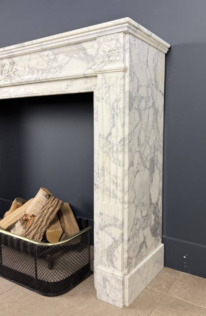 Front Fireplace in Arabescato Marble with Floral Motif, Ornament and Carved Detailing