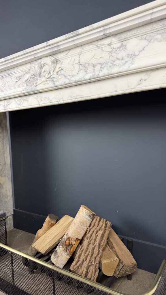 Front Fireplace in Arabescato Marble with Floral Motif, Ornament and Carved Detailing