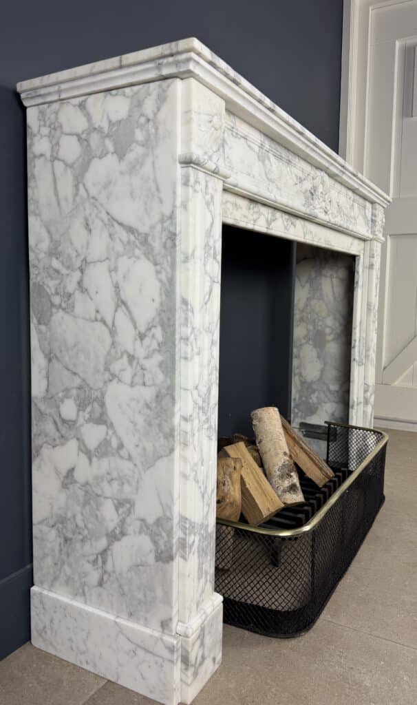 Front Fireplace in Arabescato Marble with Floral Motif, Ornament and Carved Detailing