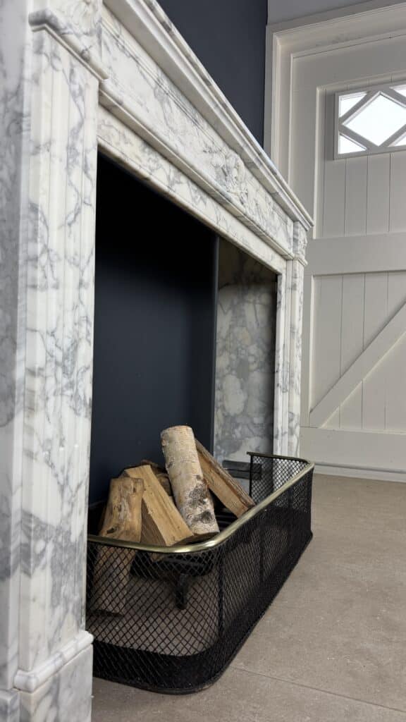 Front Fireplace in Arabescato Marble with Floral Motif, Ornament and Carved Detailing