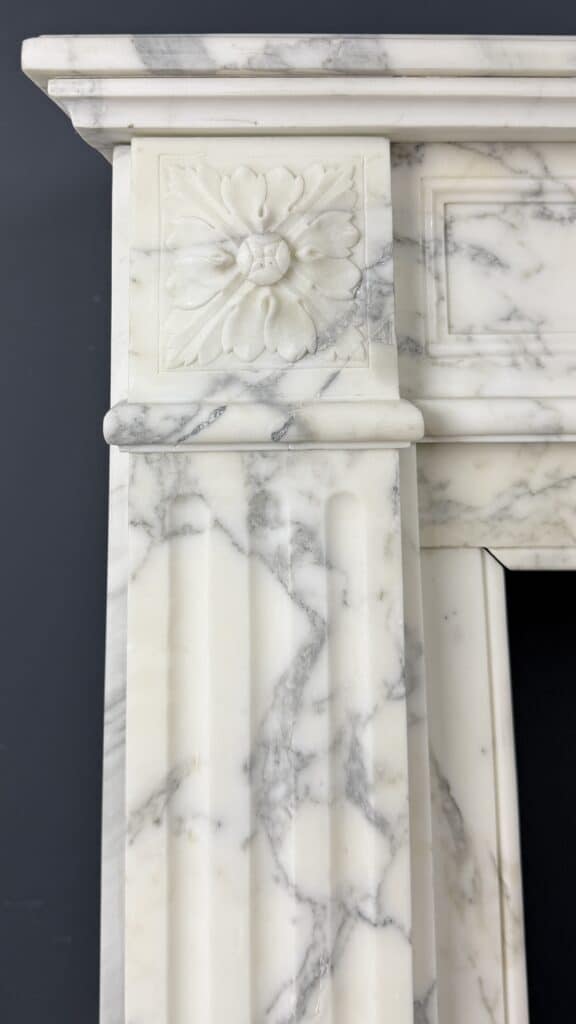 Front Fireplace in Arabescato Marble with Floral Motif, Ornament and Carved Detailing