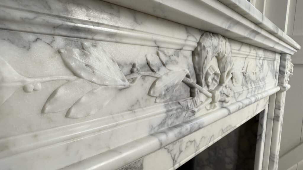 Front Fireplace in Arabescato Marble with Floral Motif, Ornament and Carved Detailing