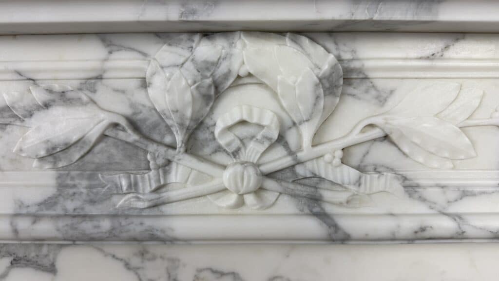 Front Fireplace in Arabescato Marble with Floral Motif, Ornament and Carved Detailing