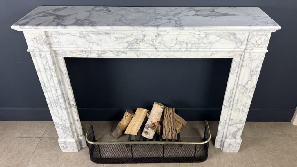 Front Fireplace in Arabescato Marble with Floral Motif, Ornament and Carved Detailing
