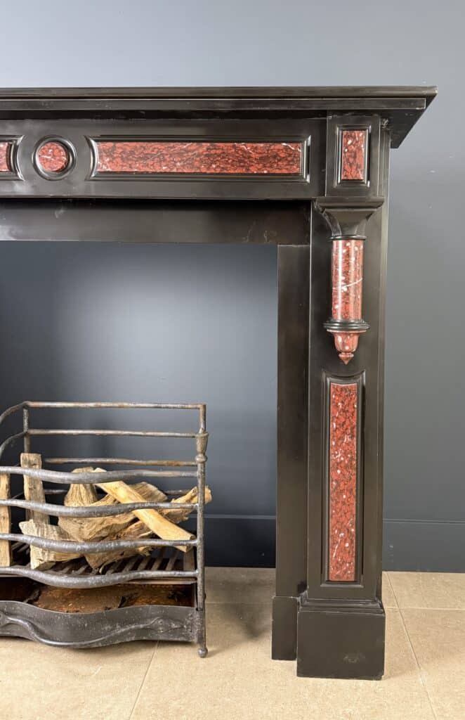 Antique Circular Column Fireplace in Black & Red Marble