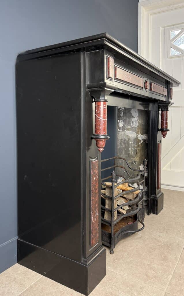 Antique Circular Column Fireplace in Black & Red Marble