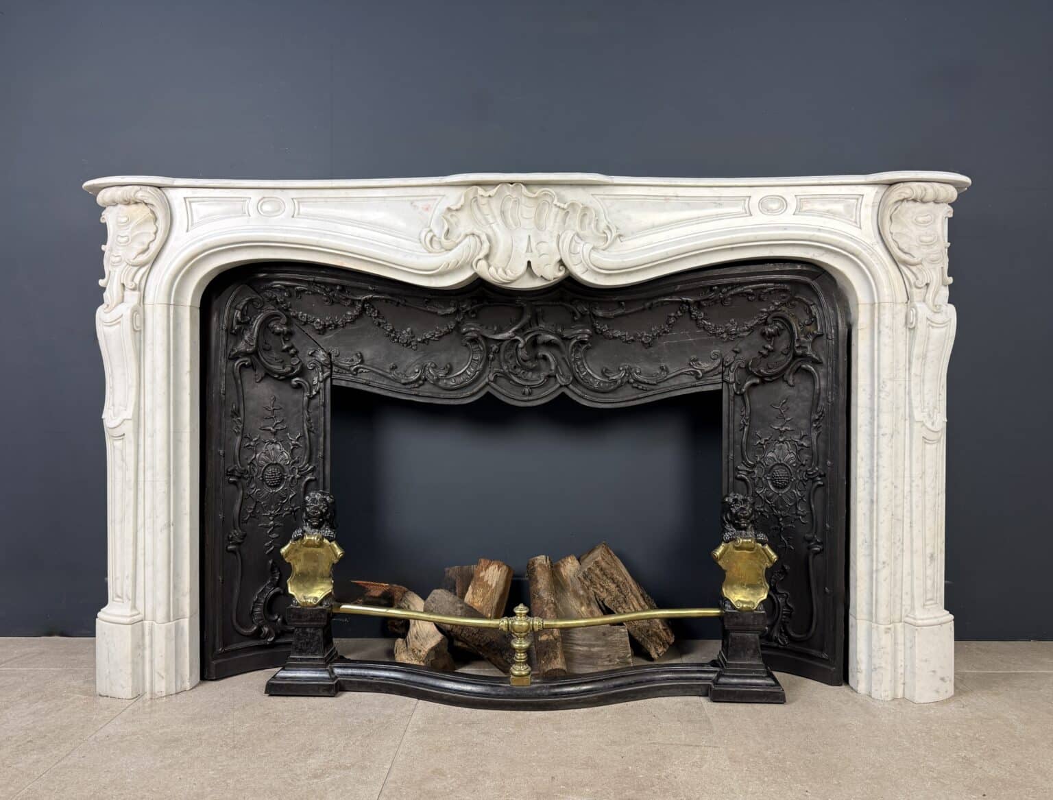 Magnificent Rich Antique Front Fireplace, Rococo Style