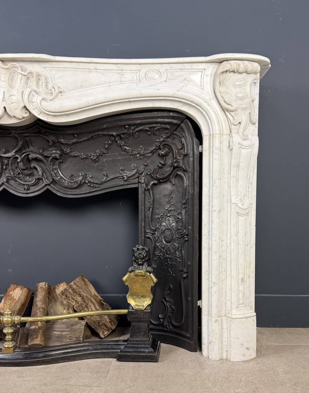 Magnificent Rich Antique Front Fireplace, Rococo Style — detail 1