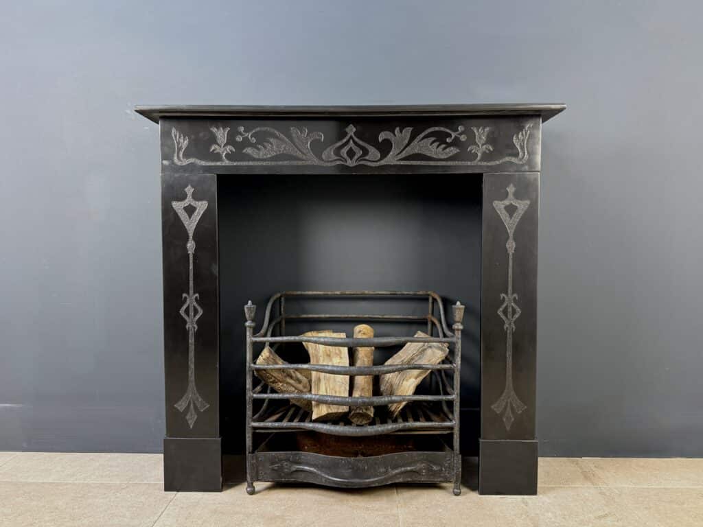 Etched Front Fireplace in Noir de Mazy Marble
