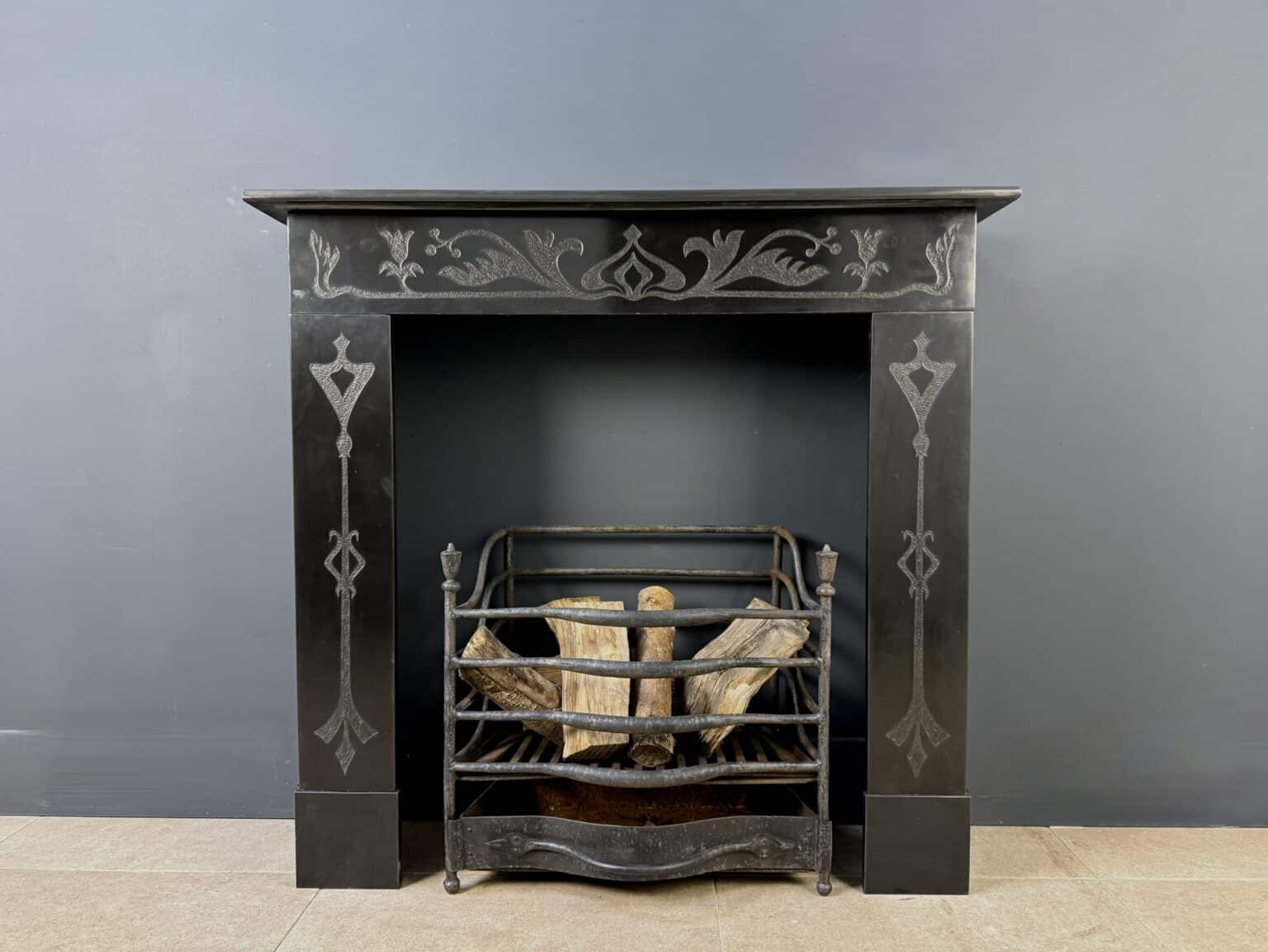 Etched Front Fireplace in Noir de Mazy Marble — detail 1