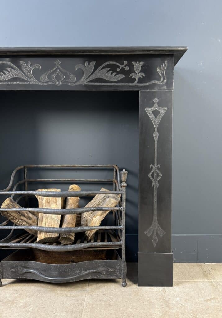 Etched Front Fireplace in Noir de Mazy Marble