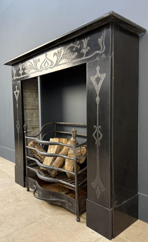Etched Front Fireplace in Noir de Mazy Marble