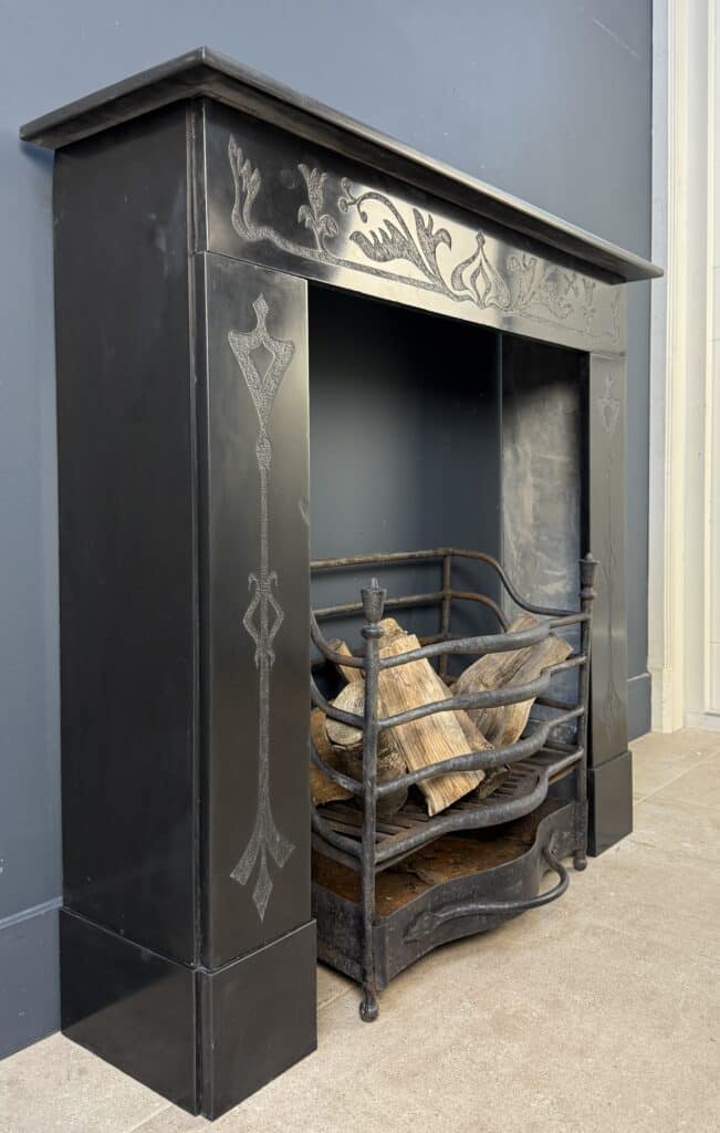 Etched Front Fireplace in Noir de Mazy Marble