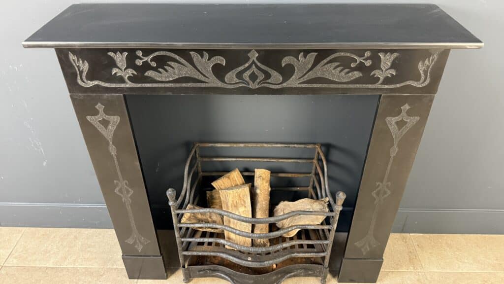 Etched Front Fireplace in Noir de Mazy Marble