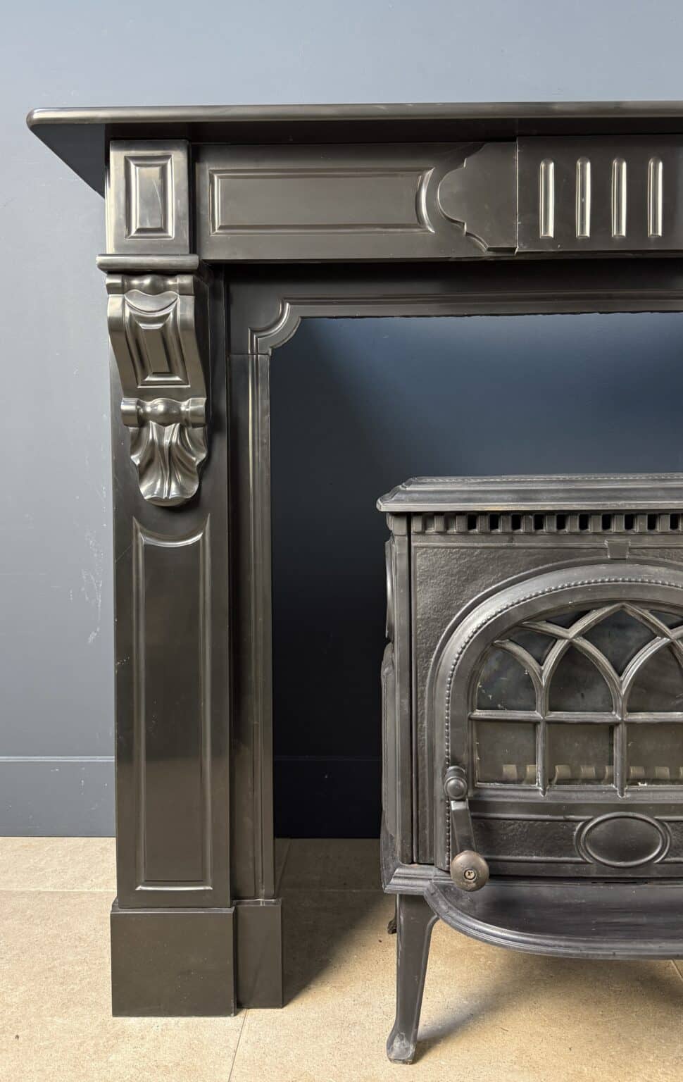 Extra-Deep Antique Circular Fireplace in Black Marble — detail 2