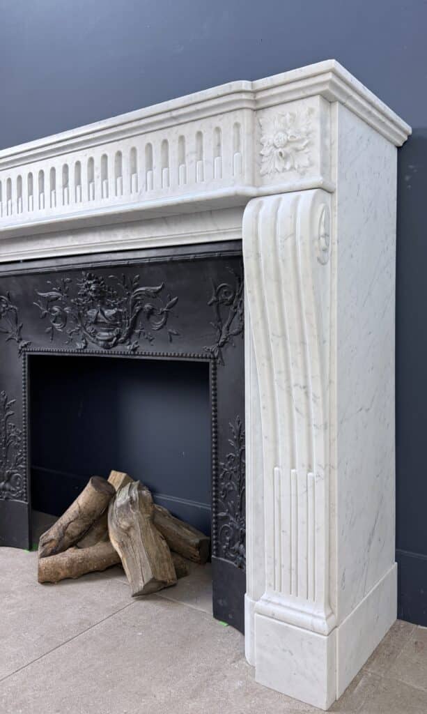 French Antique Fireplace in Carrara Marble with Cast-Iron Insert