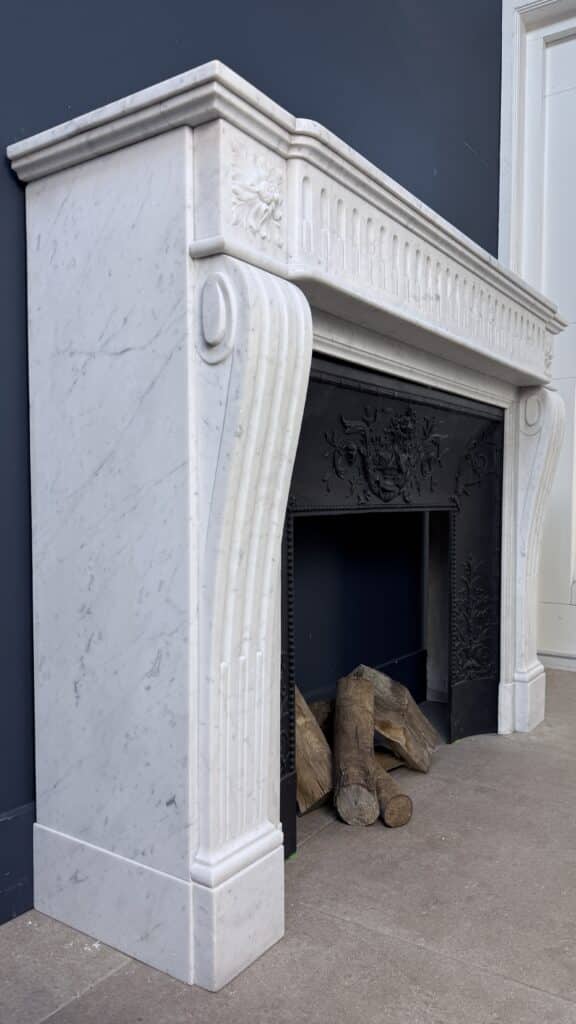 French Antique Fireplace in Carrara Marble with Cast-Iron Insert